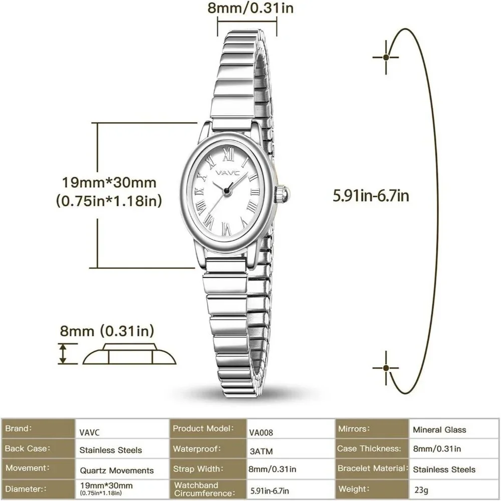 Women's Silver Watch with Stainless Steel Expansion Band Oval Case Roman Dial